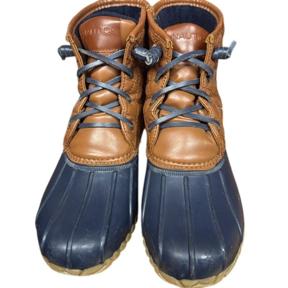 Women's Nautica Dorsay Duck Boots Navy Blue/Brown Quilted Fleece Side Zip Sz. 10
